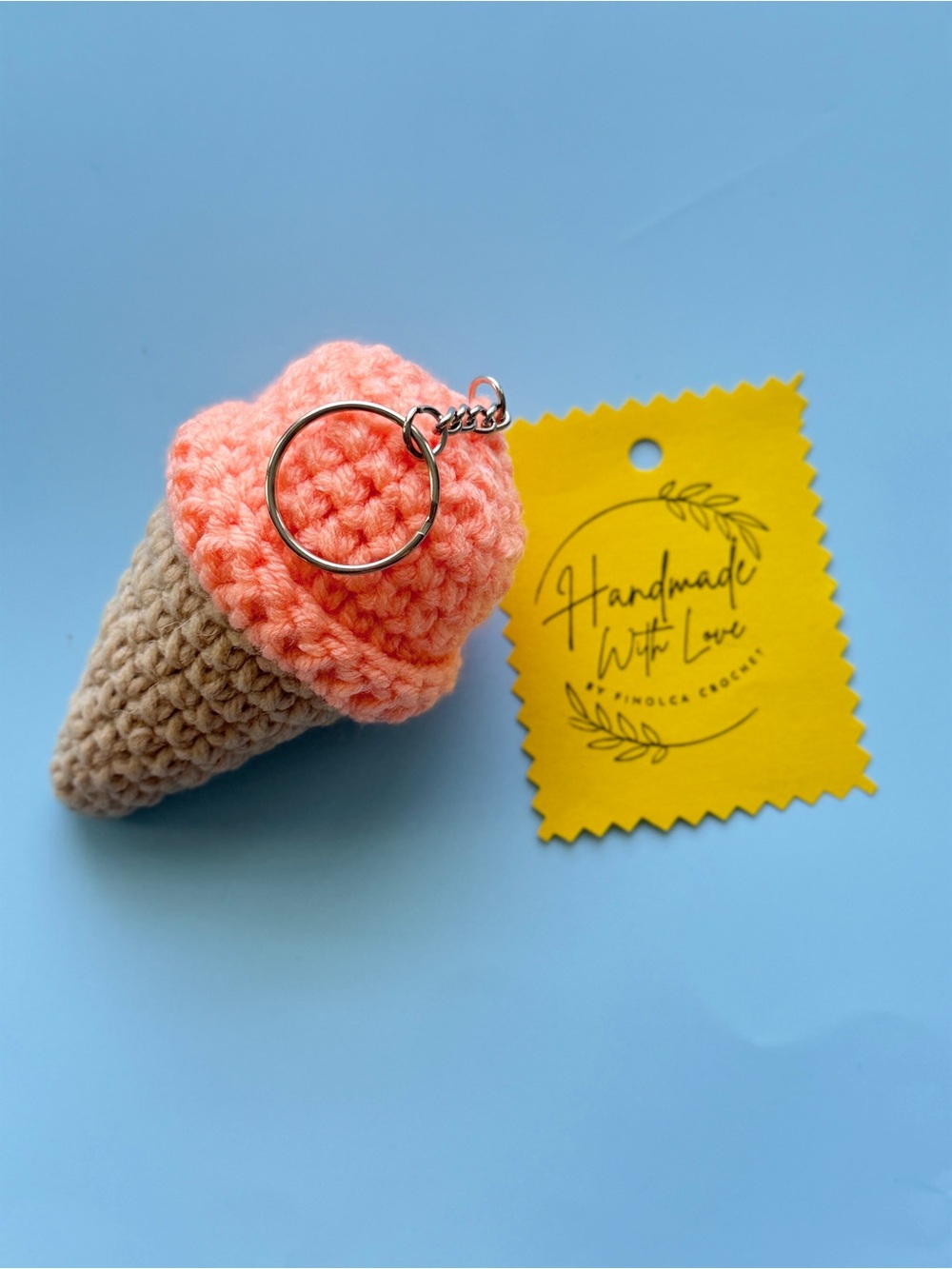Handmade Peach Crochet Ice Cream Cone Keychain - Kids Accessories